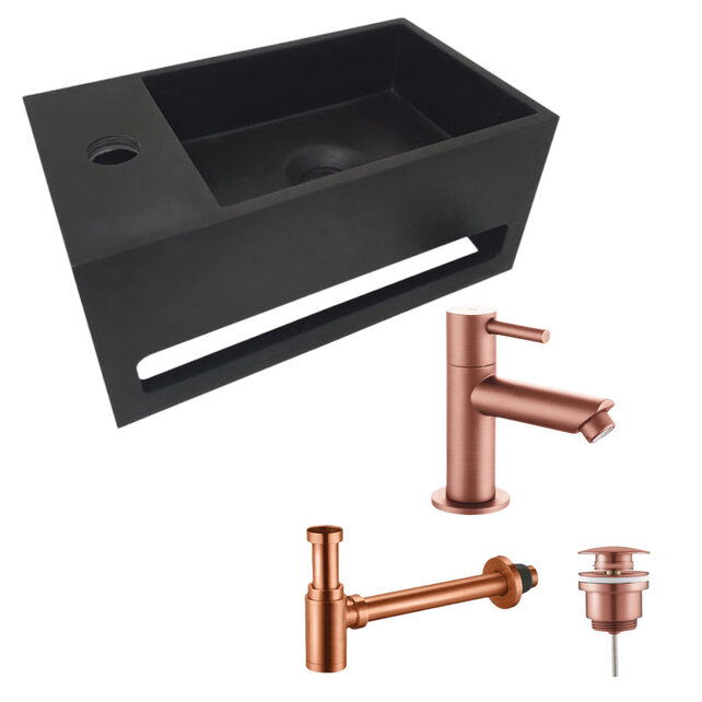 Aloni Fonteinset Bella Zwart - Geborsteld Koper Rechts Fontein Solid Surface met handdoekhouder Aloni Fonteinset Bella Zwart - Geborsteld Koper Rechts Fontein Solid Surface met handdoekhouder