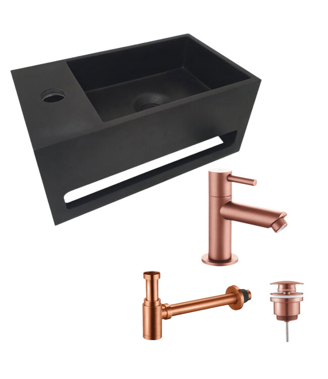 Aloni Fonteinset Bella Zwart - Geborsteld Koper Rechts Fontein Solid Surface met handdoekhouder