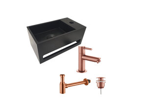 Aloni Fonteinset Bella Zwart - Geborsteld Koper Rechts Fontein Solid Surface met handdoekhouder