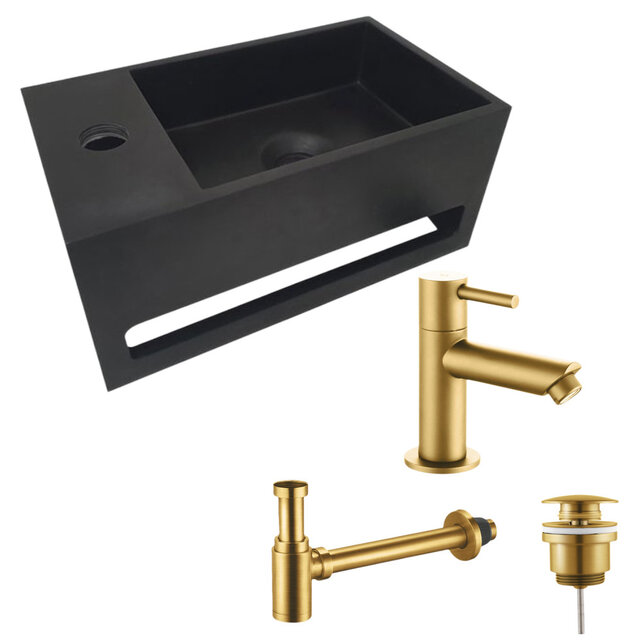 Aloni Fonteinset Bella Zwart - Geborsteld Goud Rechts Fontein Solid Surface met handdoekhouder