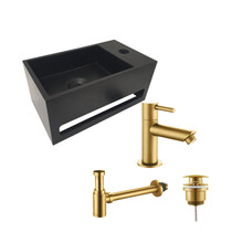 Aloni Fonteinset Bella Zwart - Geborsteld Goud Rechts Fontein Solid Surface met handdoekhouder