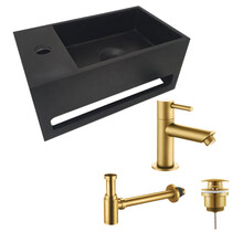 Aloni Fonteinset Bella Zwart - Geborsteld Goud Links Fontein Solid Surface met handdoekhouder