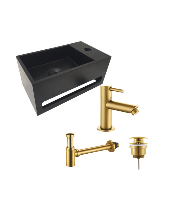 ALONI Aloni Fonteinset Bella Zwart - Geborsteld Goud Links Fontein Solid Surface met handdoekhouder