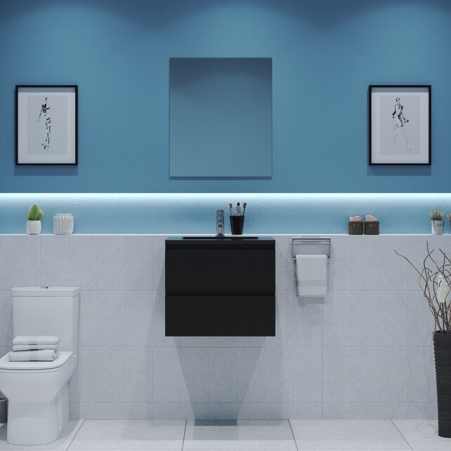 Gliss Project Badkamermeubel 60 cm Mat Zwart met wastafel Glans Wit