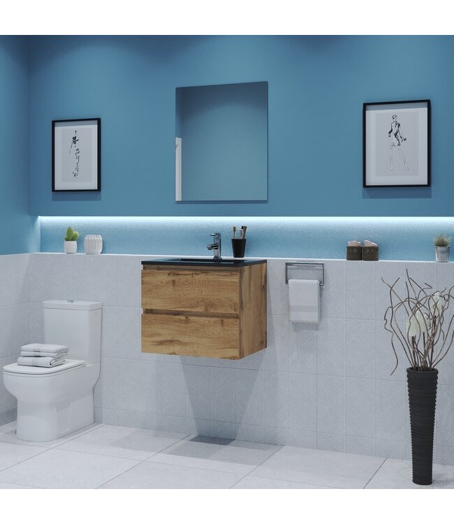 GLISS DESIGN Gliss Project Badkamermeubel 60 cm Dakota Oak met wastafel Glans Wit