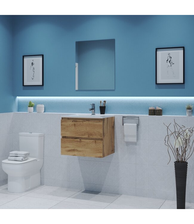 GLISS DESIGN Gliss Project Badkamermeubel 60 cm Dakota Oak met wastafel Glans Wit