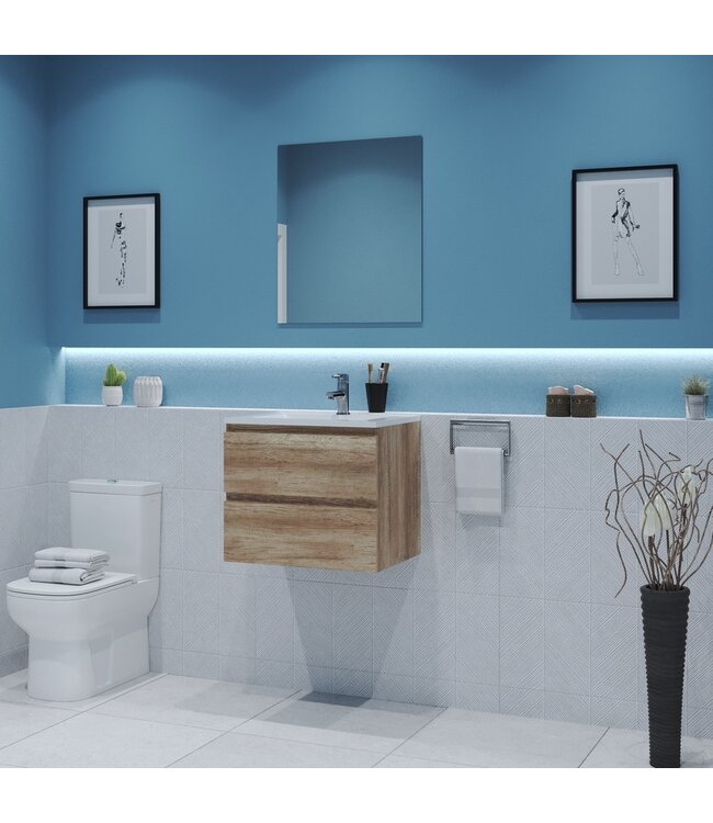 GLISS DESIGN Gliss Project Badkamermeubel 60 cm Canyon Oak met wastafel Glans Wit