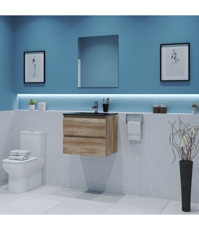 GLISS DESIGN Gliss Project Badkamermeubel 60 cm Canyon Oak met wastafel Glans Wit