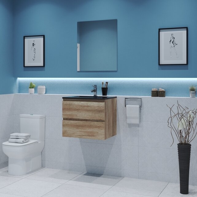 Gliss Project Badkamermeubel 60 cm Canyon Oak met wastafel Mat Zwart