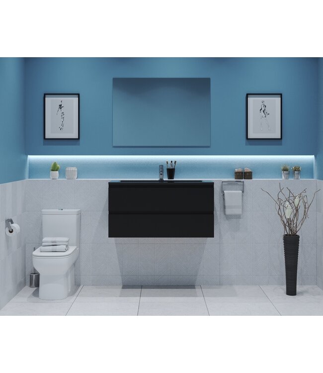 GLISS DESIGN Gliss Project Badkamermeubel 80 cm Mat Zwart met wastafel Glans Wit