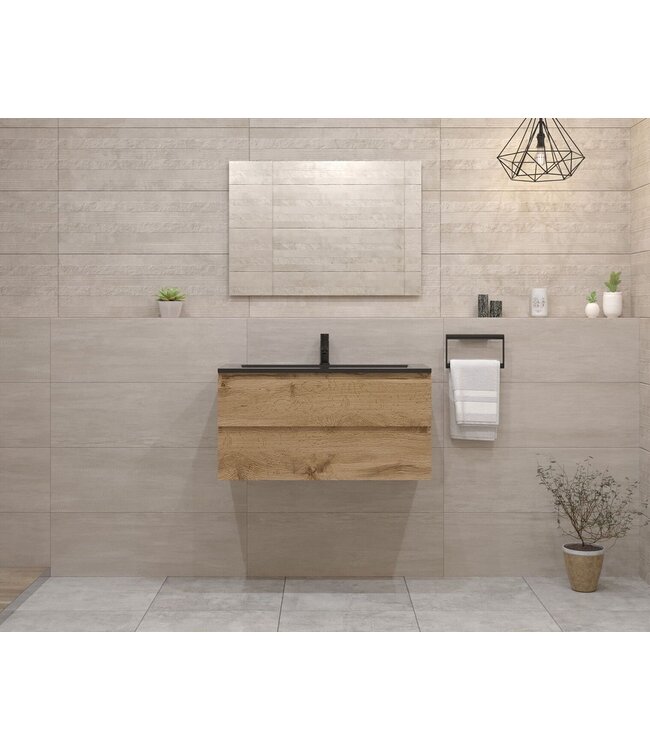 Gliss Project Badkamermeubel 80 cm Dakota Oak met wastafel Mat Zwart