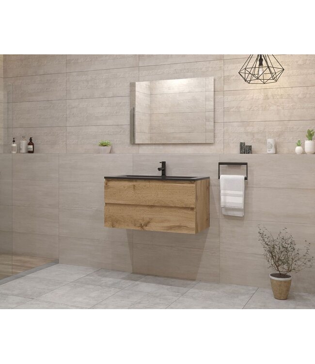 Gliss Project Badkamermeubel 100 cm Dakota Oak met wastafel Glans Wit