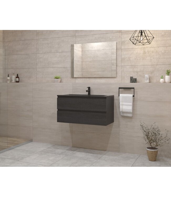 GLISS DESIGN Gliss Project Badkamermeubel 100 cm Frey Oak met wastafel Glans Wit