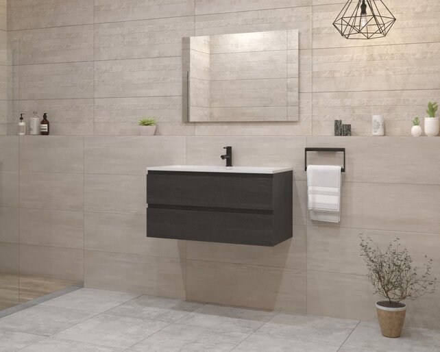 Gliss Project Badkamermeubel 100 cm Frey Oak met wastafel Mat Zwart