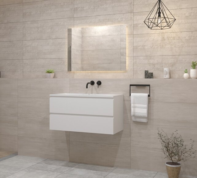 Gliss Project Badkamermeubel 100 cm Mat Wit met wastafel Mat Zwart Gliss Project Badkamermeubel 100 cm Mat Wit met wastafel Mat Zwart