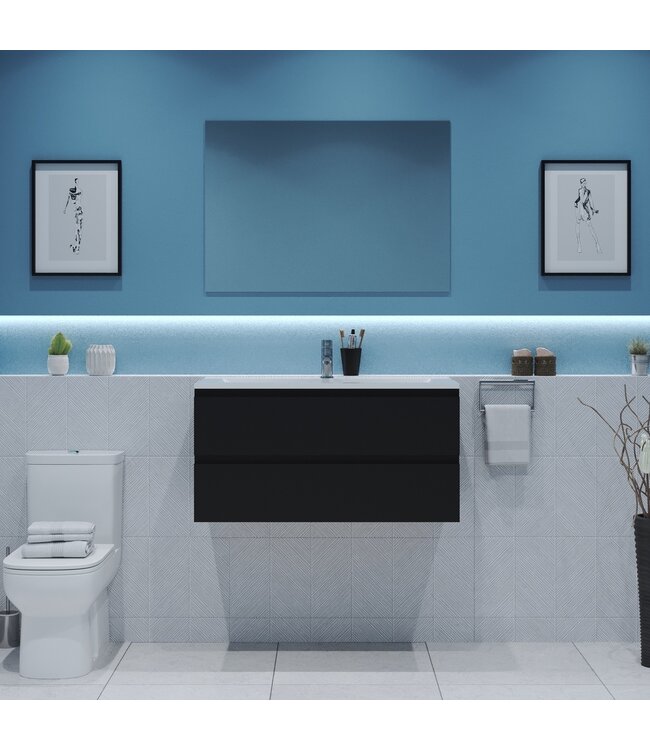 Gliss Project Badkamermeubel 100 cm Mat Zwart met wastafel Mat Zwart