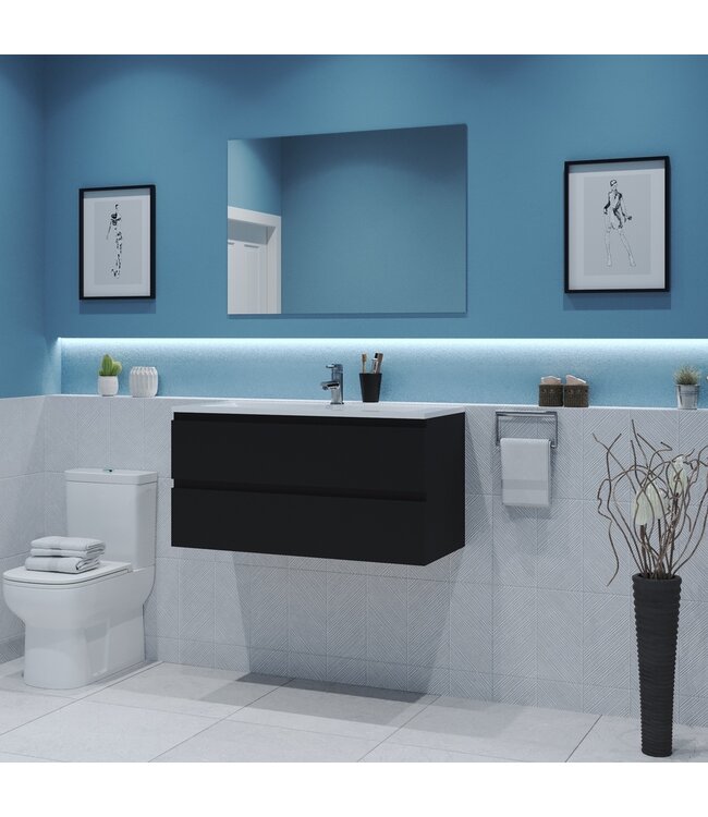 Gliss Project Badkamermeubel 100 cm Mat Zwart met wastafel Glans Wit