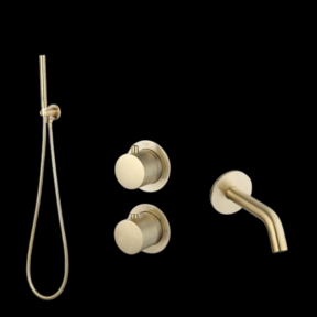 Badkraan met Handdouche Ribbed Mat Goud Inbouw met thermostaat