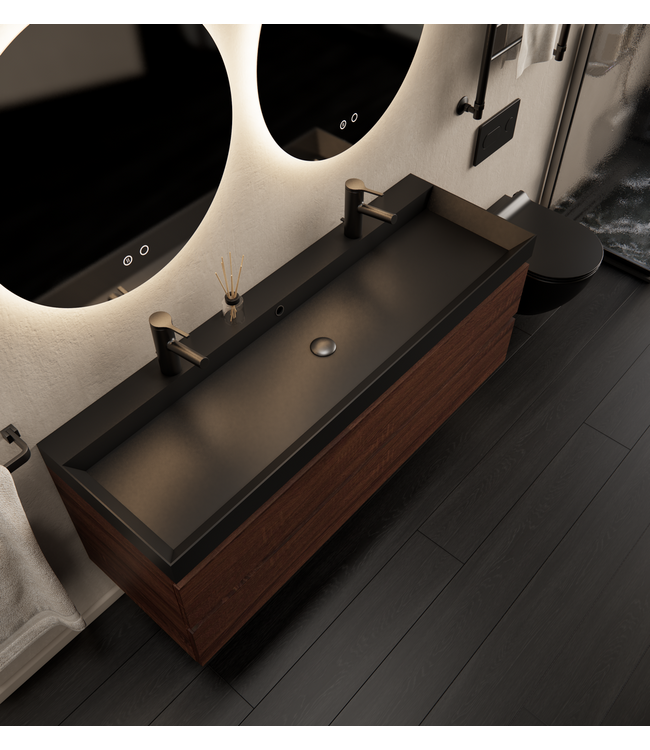 GLISS DESIGN Gliss Design Wastafelmeubel Milan Choco Eiken Walnoot 140 cm met Wastafel enkele wasbak