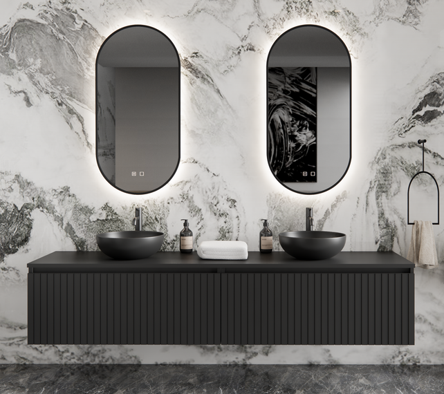 Gliss Design Arges Badkamermeubel met Ribbelfront Mat Zwart 200cm incl. topblad