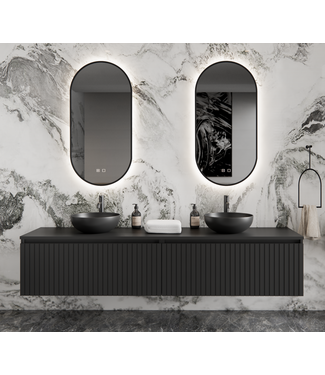 GLISS DESIGN Gliss Design Arges Badkamermeubel met Ribbelfront Mat Zwart 210cm incl. topblad
