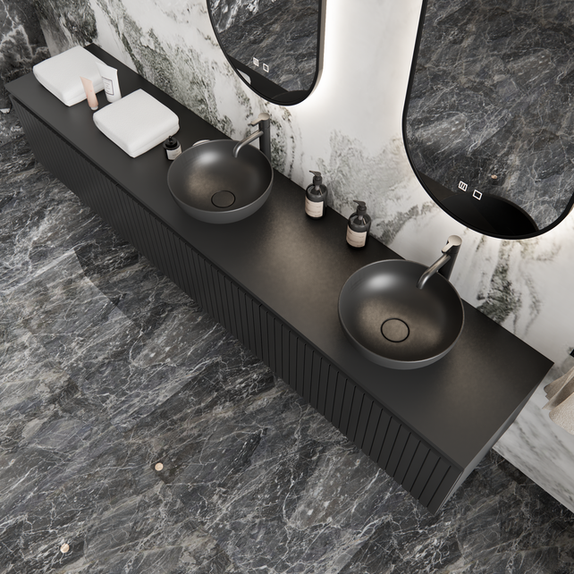 Gliss Design Arges Badkamermeubel met Ribbelfront Mat Zwart 270cm incl. topblad Gliss Design Arges Badkamermeubel met Ribbelfront Mat Zwart 270cm incl. topblad