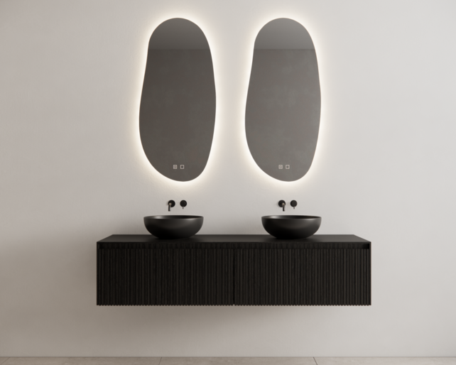 Gliss Design Wastafelonderkast Ribbelfront Zwart Veneer 160 cm 2 lades Timotheus Gliss Design Wastafelonderkast Ribbelfront Zwart Veneer 160 cm 2 lades Timotheus