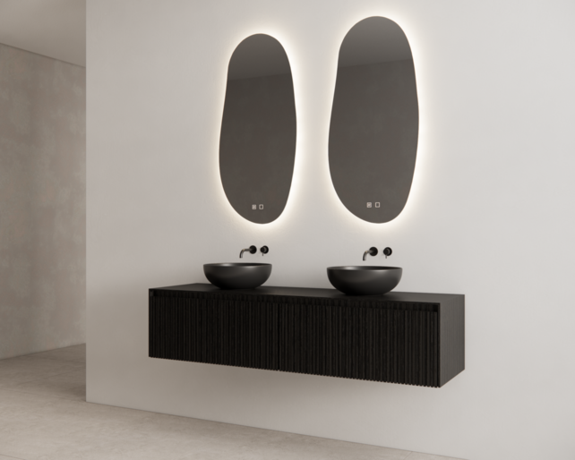 Gliss Design Wastafelonderkast Ribbelfront Zwart Veneer 160 cm 2 lades Timotheus Gliss Design Wastafelonderkast Ribbelfront Zwart Veneer 160 cm 2 lades Timotheus