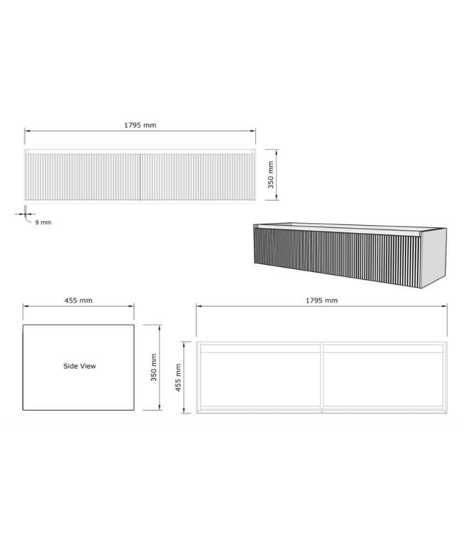 Gliss Design Wastafelonderkast Ribbelfront Zwart Veneer 180 cm 2 lades Timotheus