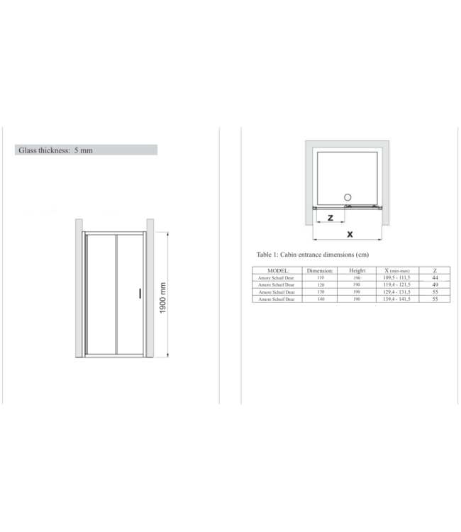 Gliss Design Douchedeur Amore Schuifdeur Zwart 110 cm Nisdeur met 5mm Anti-Kalk Glas