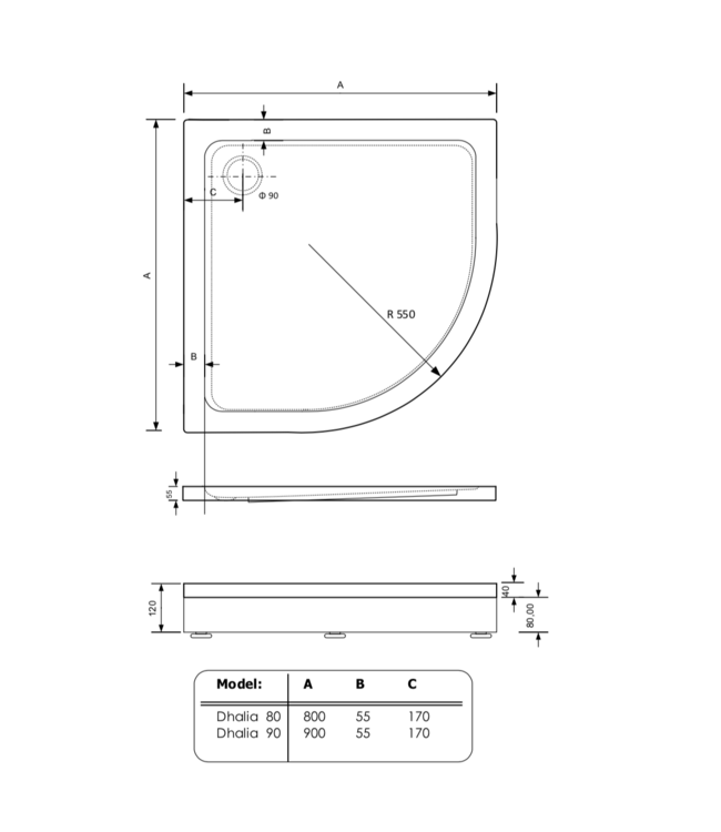 Gliss Kwartronde Douchebak Hoog Dhalia 80x80x12 cm Acryl Wit met Potenset en Afneembaar plint