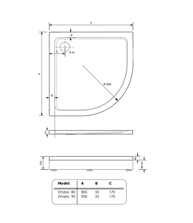 Gliss Kwartronde Douchebak Hoog Dhalia 90x90x12 cm Acryl Wit met Potenset en Afneembaar plint