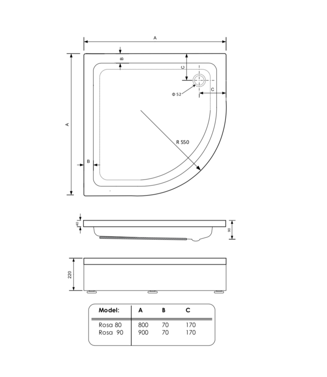 Gliss Kwartronde Douchebak Hoog Rosa 90x90x19 cm Acryl Wit met Potenset en Afneembaar plint