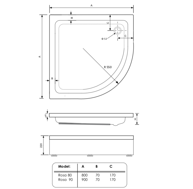Gliss Kwartronde Douchebak Hoog Rosa 80x80x22 cm Acryl Wit met Potenset en Afneembaar plint
