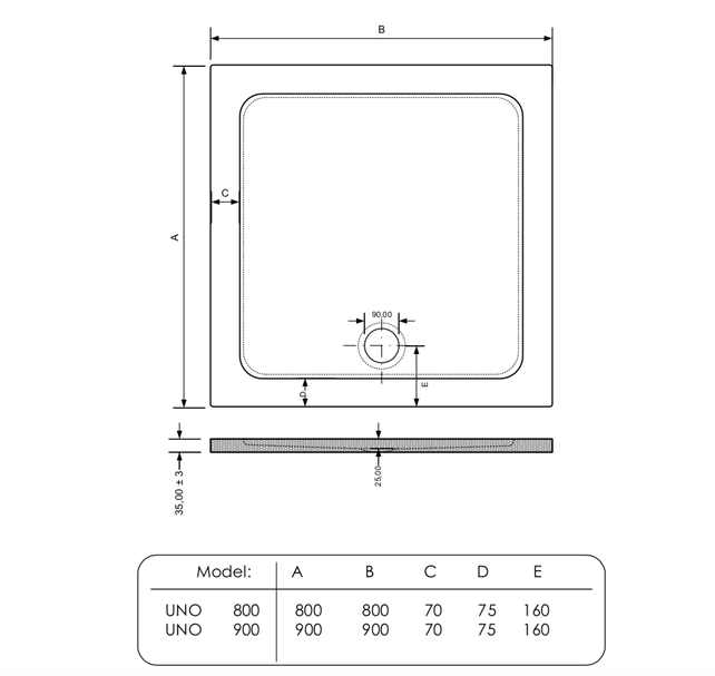 Gliss Uno Douchebak Wit Laag 90x90 Cast Marble 3cm