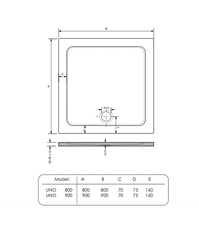 Gliss Uno Douchebak Wit Laag 90x90 Cast Marble 3cm