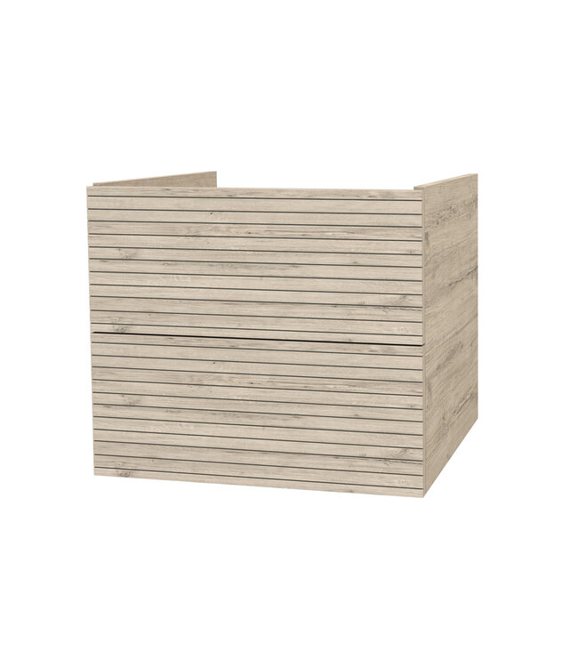 Wastafelonderkast Ribbelfront Elite Walnoot 60cm Greeploos lades met horizontale reliëf