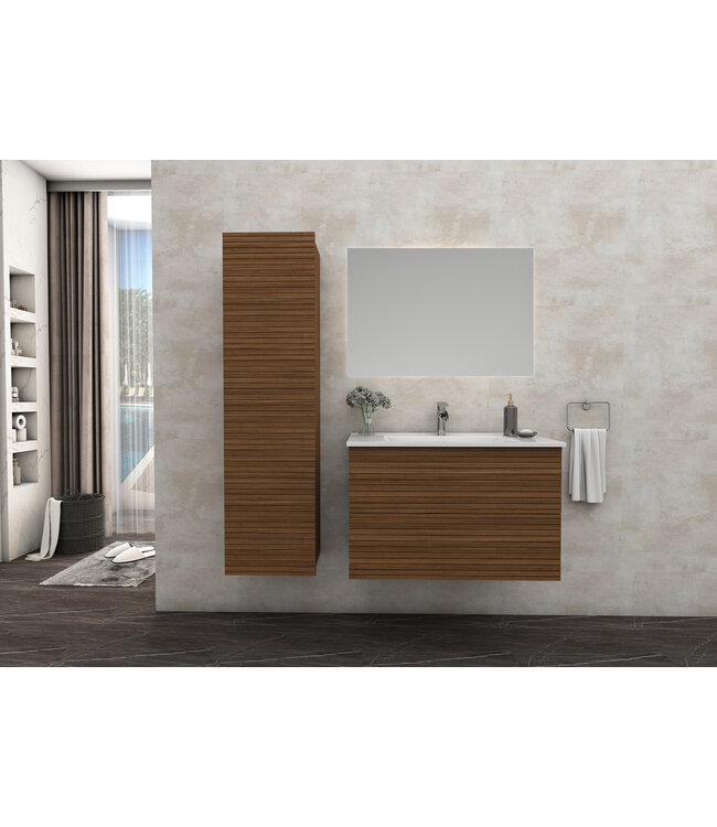 Wastafelonderkast Ribbelfront Elite Walnoot 60cm Greeploos lades met horizontale reliëf