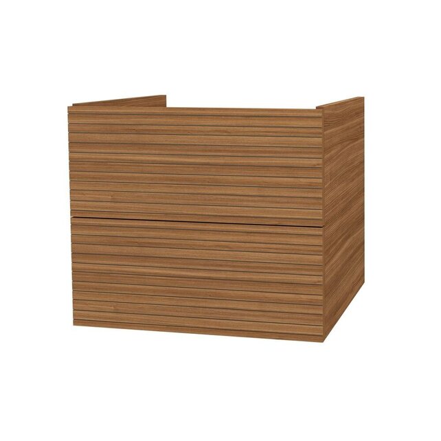 Wastafelonderkast Ribbelfront Elite Walnoot 60cm Greeploos lades met horizontale reliëf