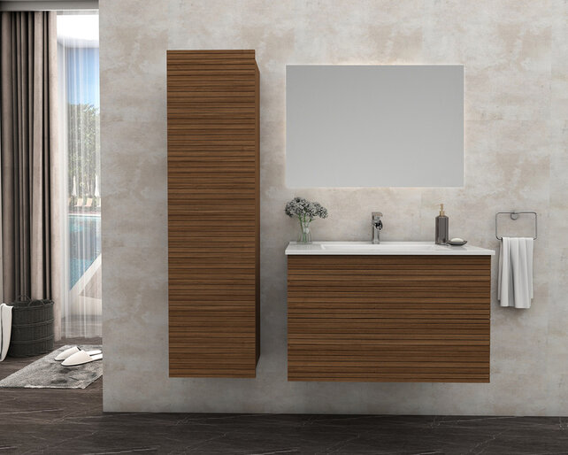 Wastafelonderkast Ribbelfront Elite Walnoot 60cm Greeploos lades met horizontale reliëf