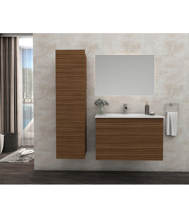 Wastafelonderkast Ribbelfront Elite Walnoot 60cm Greeploos lades met horizontale reliëf