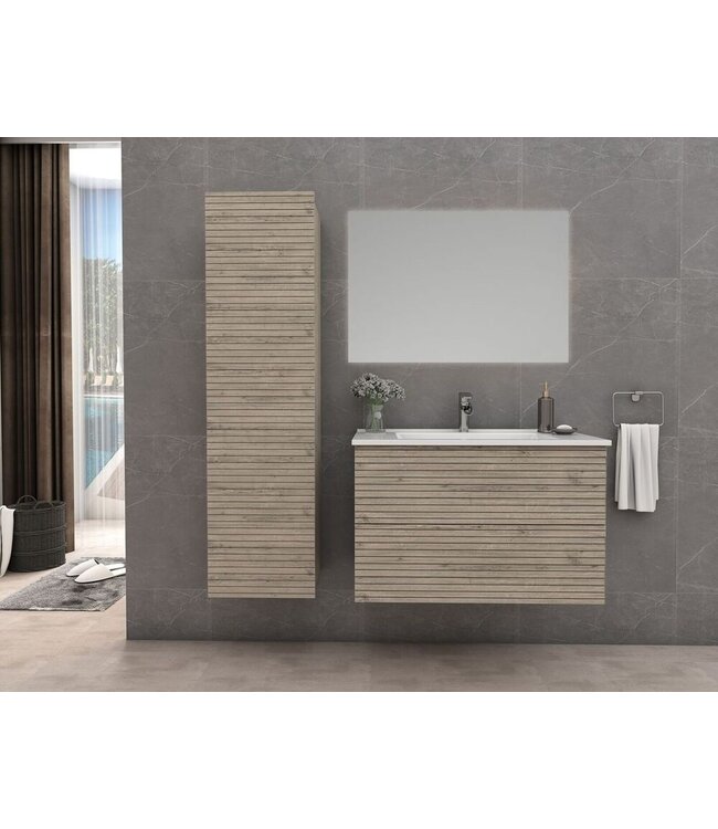 Wastafelonderkast Ribbelfront Elite Licht Hout 60cm Greeploos lades met horizontale reliëf