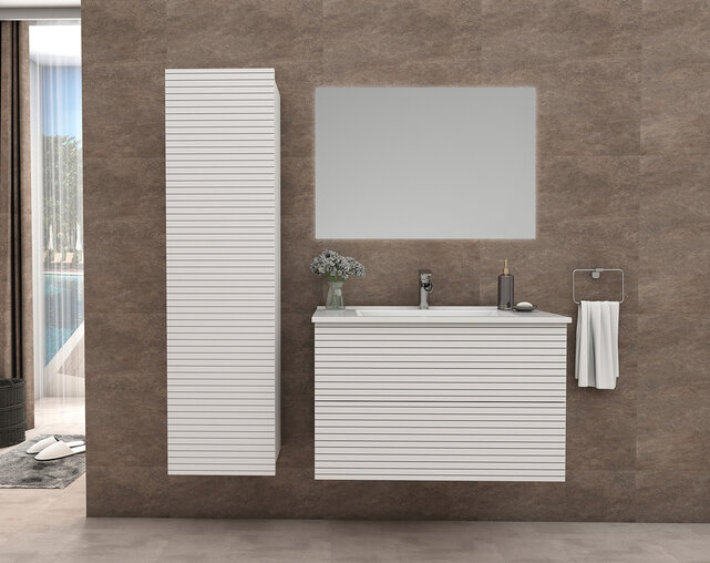 Wastafelonderkast Ribbelfront Elite Mat Wit 60cm Greeploos lades met horizontale reliëf