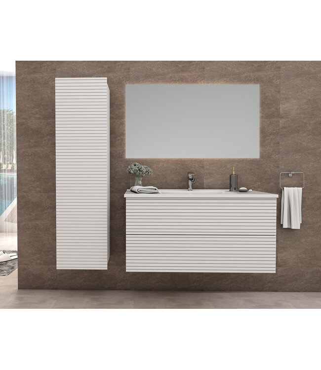 Wastafelonderkast Ribbelfront Elite Mat Wit 80cm Greeploos lades met horizontale reliëf