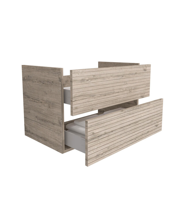 Wastafelonderkast Ribbelfront Elite Licht Hout 80cm Greeploos lades met horizontale reliëf