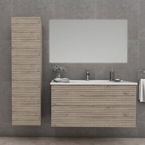 Wastafelonderkast Ribbelfront Elite Licht Hout 80cm Greeploos lades met horizontale reliëf