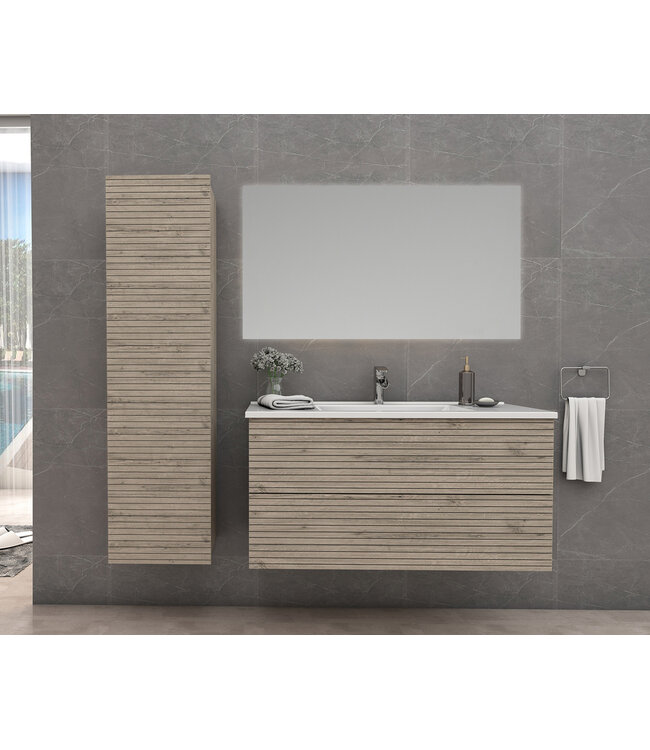 Wastafelonderkast Ribbelfront Elite Licht Hout 80cm Greeploos lades met horizontale reliëf