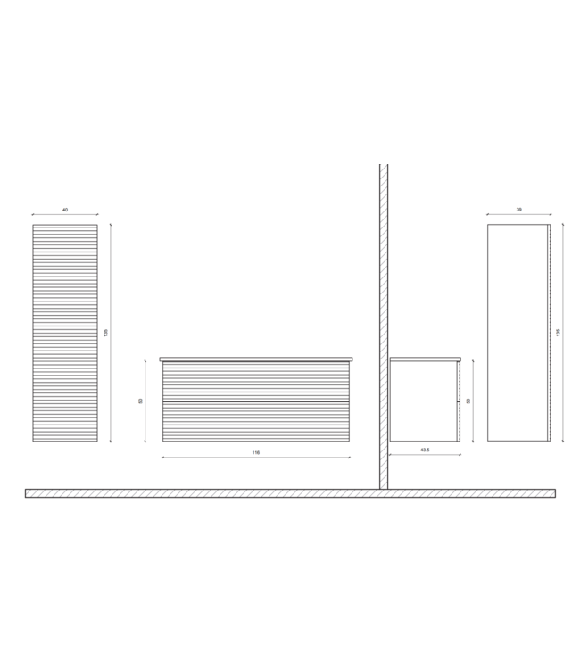 Wastafelonderkast Ribbelfront Elite Licht Hout 120cm Greeploos lades met horizontale reliëf