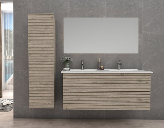 Wastafelonderkast Ribbelfront Elite Licht Hout 120cm Greeploos lades met horizontale reliëf Wastafelonderkast Ribbelfront Elite Licht Hout 120cm Greeploos lades met horizontale reliëf