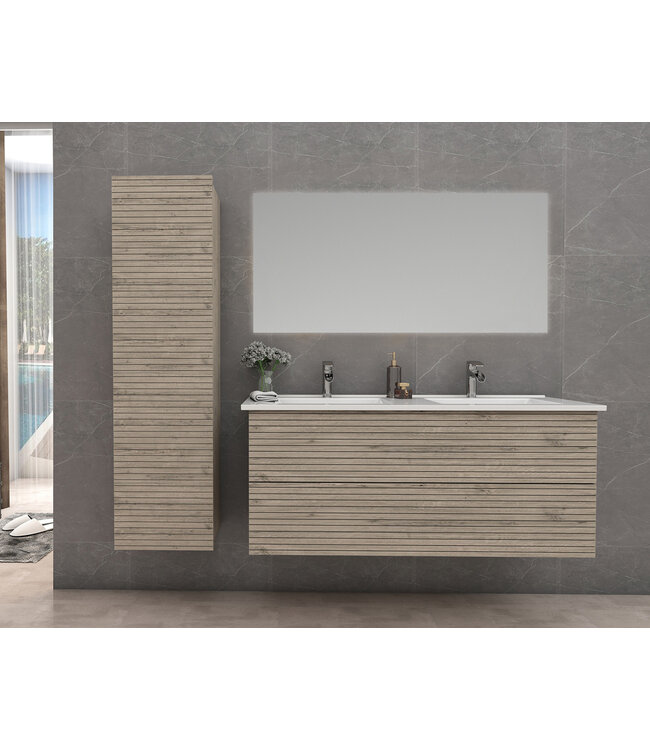 Wastafelonderkast Ribbelfront Elite Licht Hout 120cm Greeploos lades met horizontale reliëf